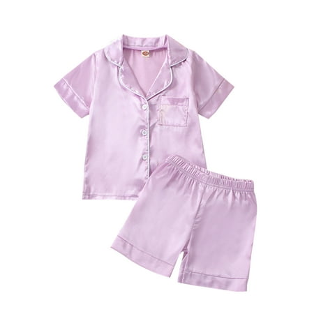 

Canrulo Toddler Baby Boy Girl Satin Silk Pyjamas Pjs Set Short Sleeve Button Down Loungewear 2 Pieces Nightwear Homewear Purple 2-3 Years