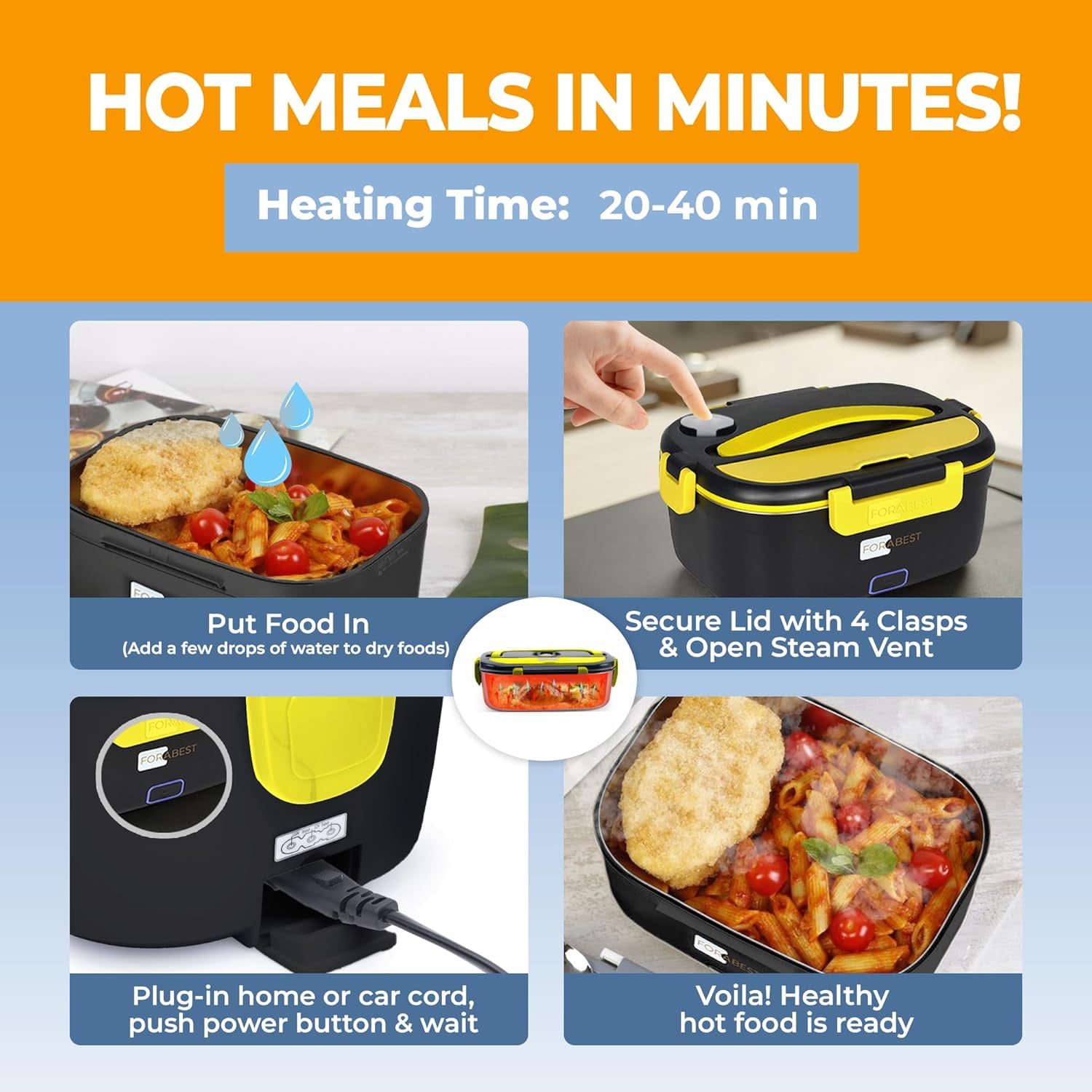 FORABEST Electric Lunch Box Food Heater Upgraded Portable Food Warmer with Power on/off Button 12V/24V,110V/220V, SS Container, Large utensils, Fast Heating for Car/Truck/Home/office and Camping.
