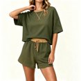 thumbnail image 5 of IUYRTFE Women's 2-Piece Short Sleeve Relaxed Fit Set Round Neck Top and Drawstring Shorts Casual Outfit, 5 of 7