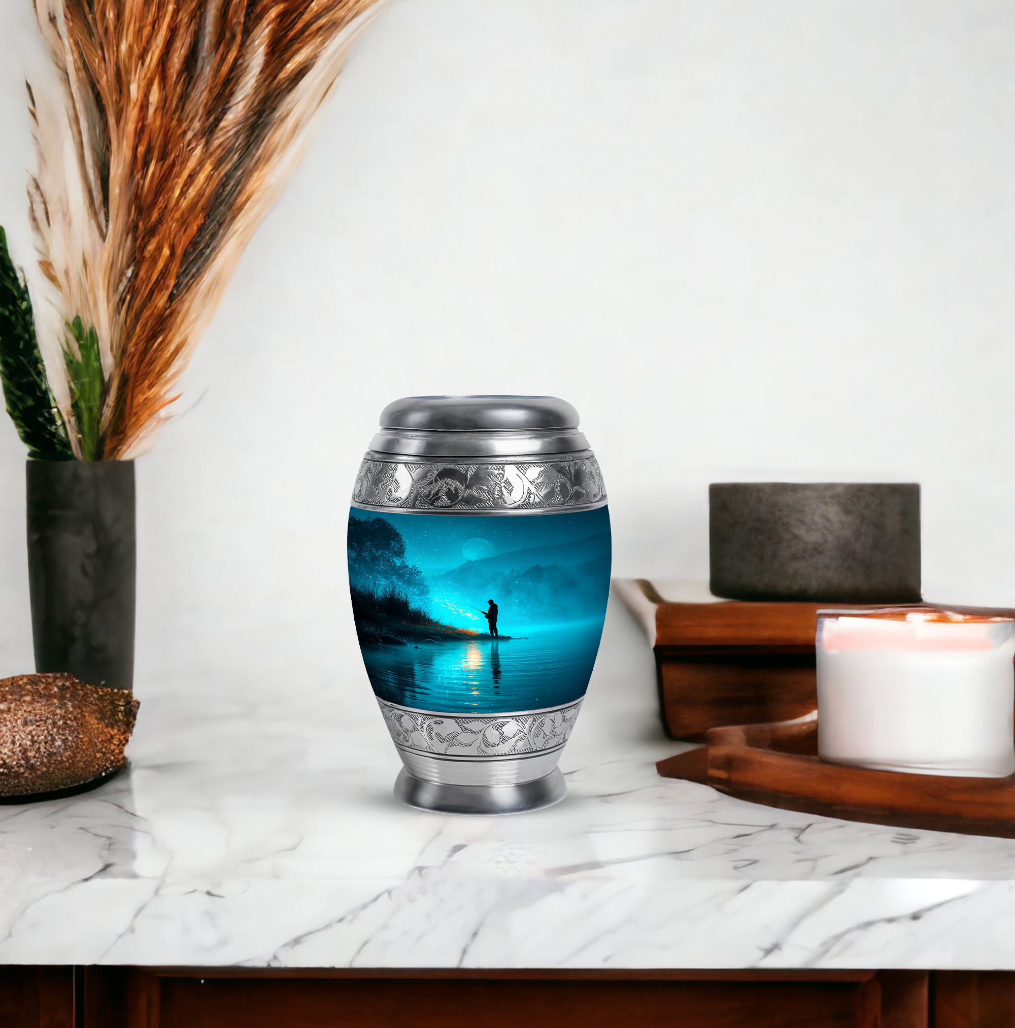 MUKTIVE Fishing Silhouette Keepsake Cremation Urns for Adult Ashes Men - Blue, Evening Small Decorative Burial Urn for Human Ashes for Men - Ash Holders - Remembrance Gifts for Loss (3 Inch)