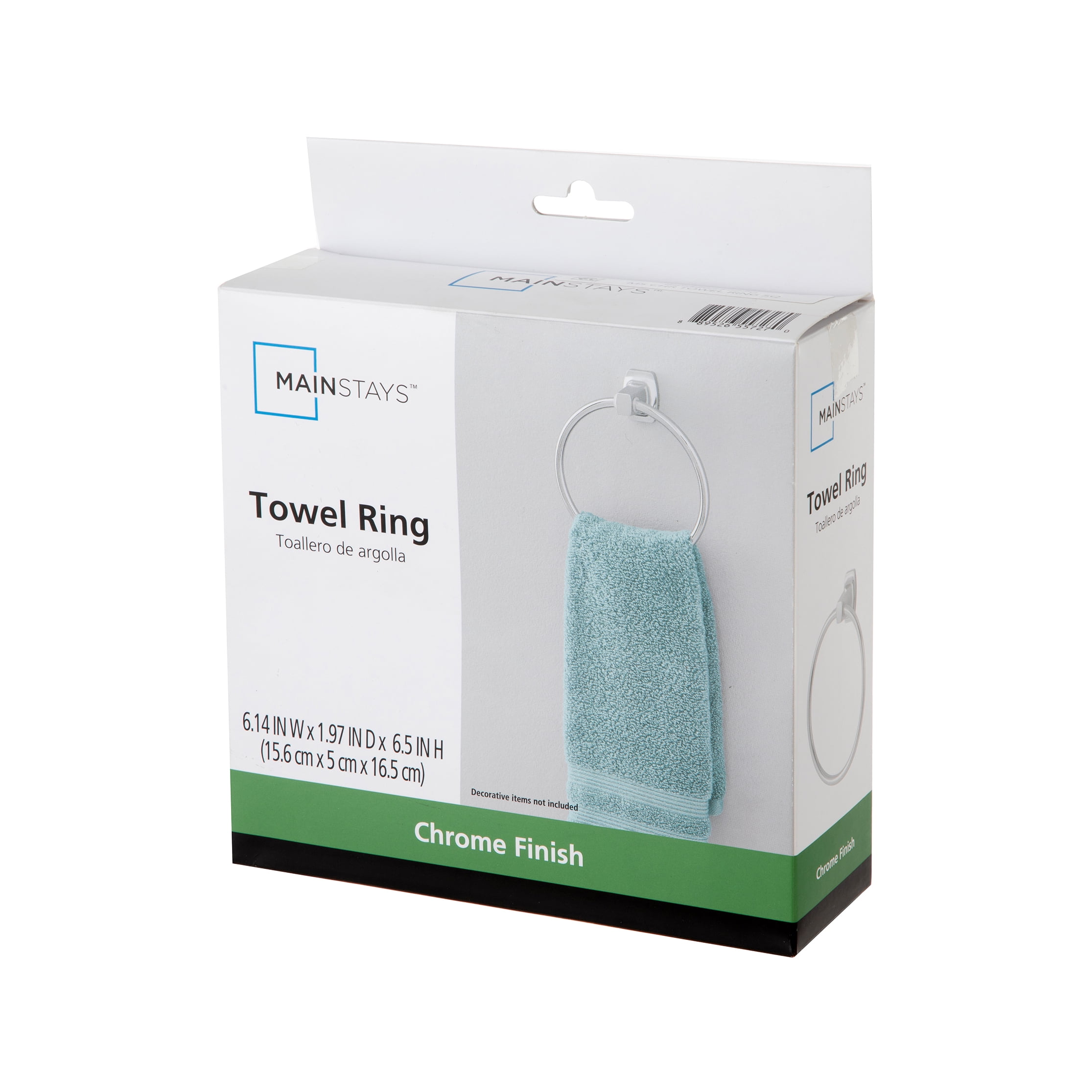 (4 pack) Mainstays 7.1-inch Square Wall Mount Towel Ring Chrome Finish with Hardware