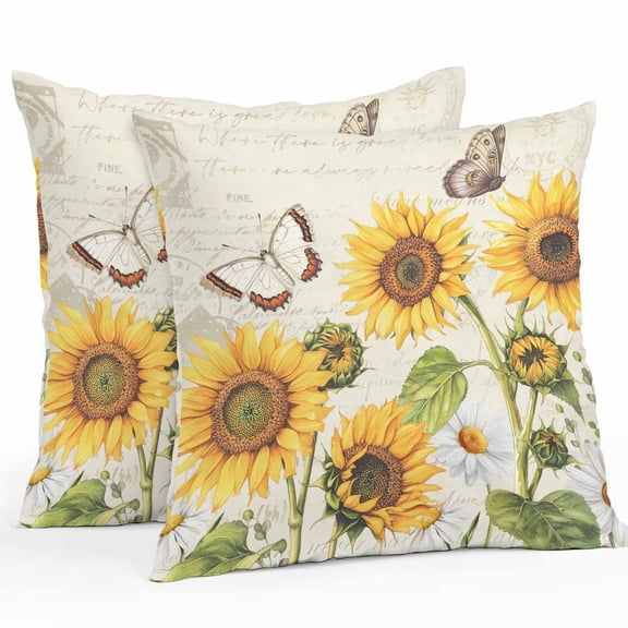 Retro Sunflowers Throw Pillow Covers 20x20 Inch Set of 2, Rustic Floral Butterflies Spring Summer Waterproof Outdoor Pillow Covers, Decorative Cushion Pillowcases for Couch, Sofa, Bed, Garden, Patio