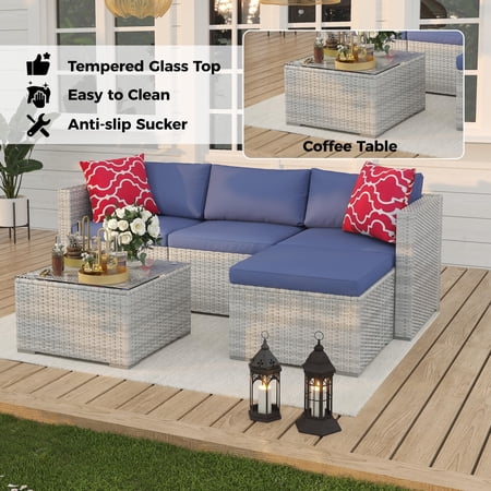 Compact 5-Piece Outdoor Patio Sectional Sofa Set - All-Weather Gray Gradient Rattan Wicker Blue Waterproof Cushions Storage Glass Table & Ottoman - Perfect for Garden Balcony Poolside