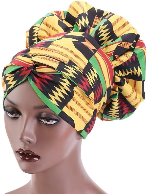African Print Satin Silk Bonnet – Double-Layer Sleeping Hat With Long Ribbon Wrap, Ankara Design, Large Size Hair Cover For Ultimate Comfort Yellow