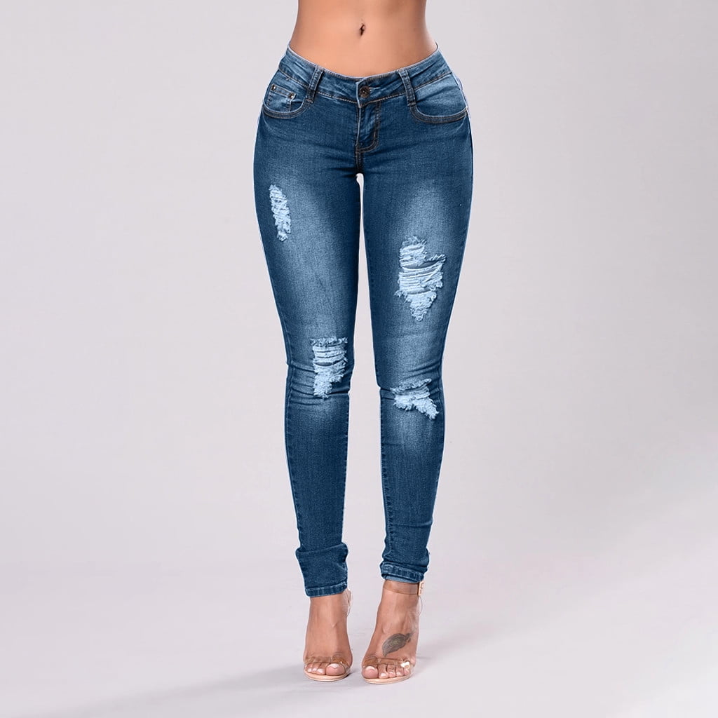 Women Mid Waisted Skinny Hole Denim Jeans Stretch Slim Pants Calf ...