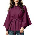 thumbnail image 2 of thefmos Women's Long Sleeve Poncho Coat Mock Neck Casual Solid Color Fashion Belted Business Jacket Outerwear Fall Winter Outfit, Purple M, 2 of 5