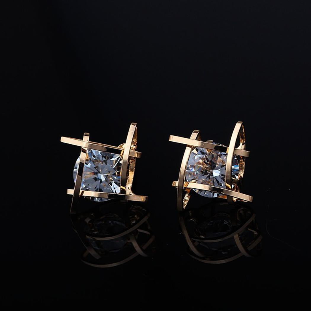 Women Fashion Personality Square Mental Rhinestone Stud ...