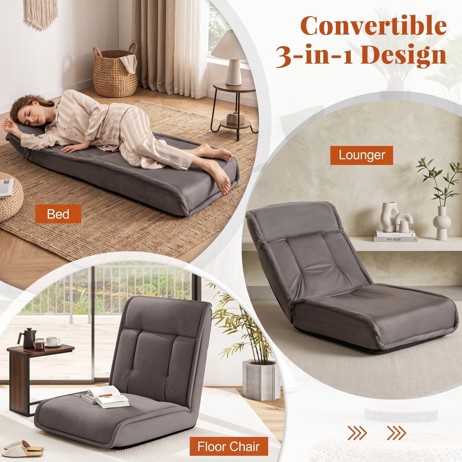 Furnibear Folding Floor Chair, Convertible Lazy Sofa Chaise Lounge with 14-Position Adjustable Backrest & 5-Level Headrest, Padded Metal Frame Sleeper Recliner, Gray