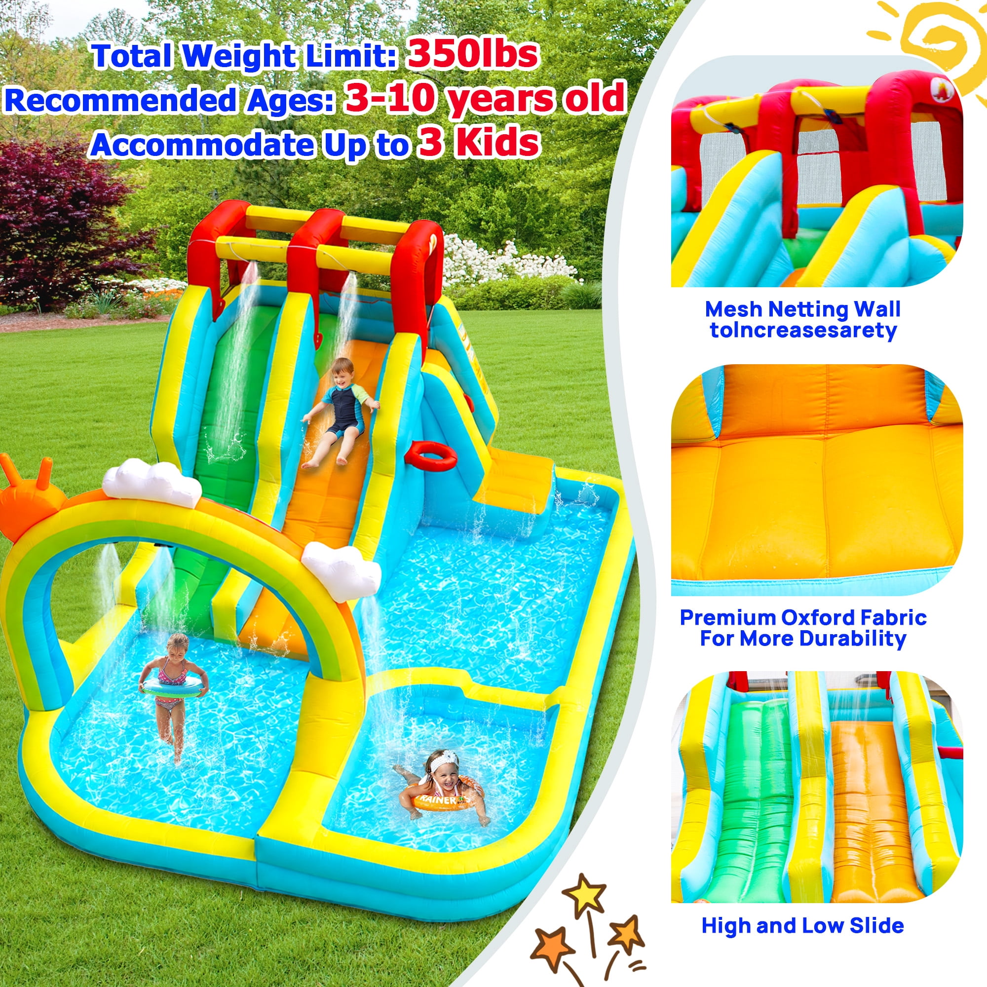 WELLFUNTIME Inflatable Water Slide for Kids, Bounce House with Blower, Water Park with Double Slides, Splash Pool