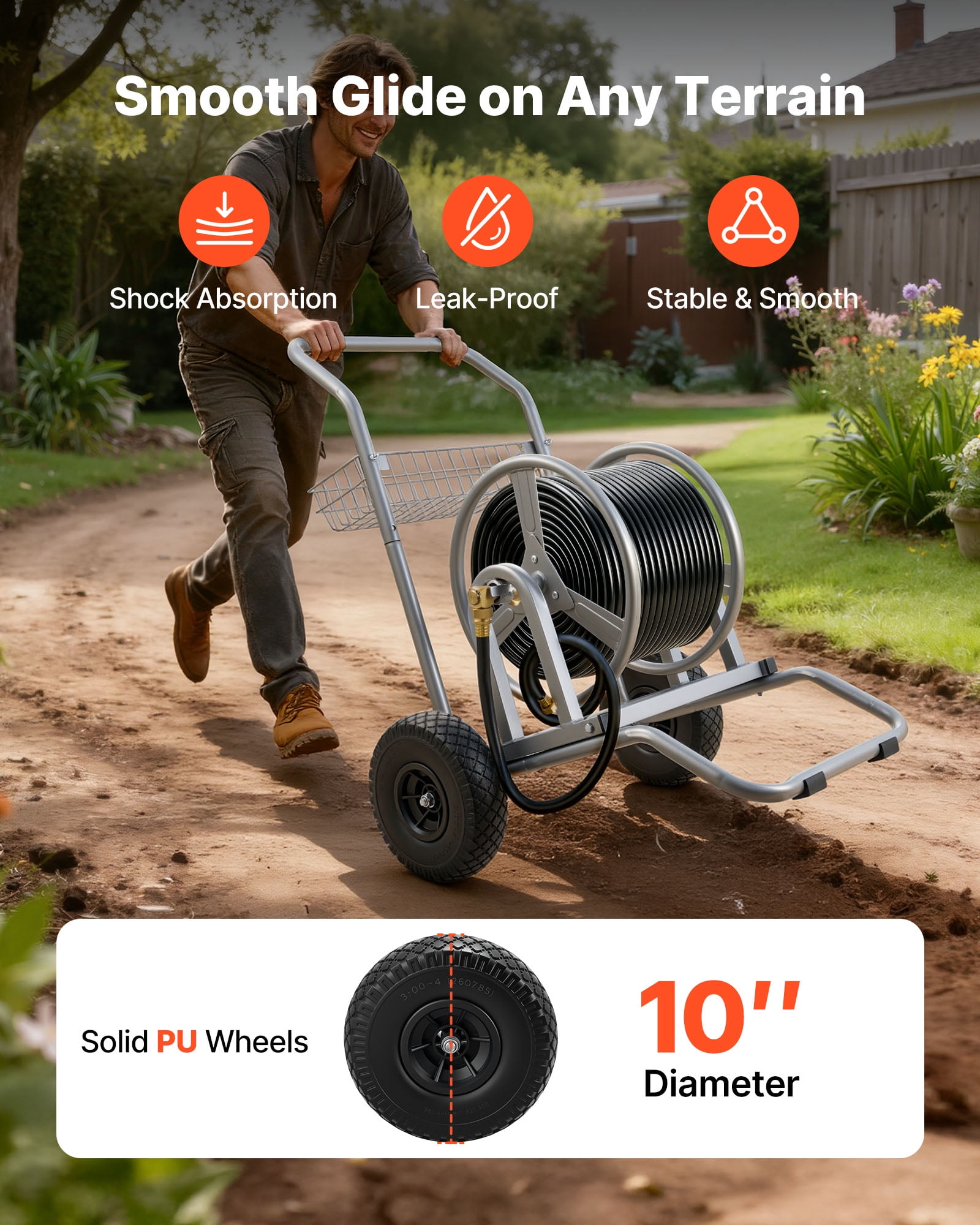 VEVOR Water Hose Reel Cart, 200/300ft High-Pressure Garden Hose Cart, Hoses Reel Carts with Two Wheels, Handle & Heavy-Duty Mesh Storage Basket, Dual-Purpose Portable Hoses Reels for Garden, Car, Pet