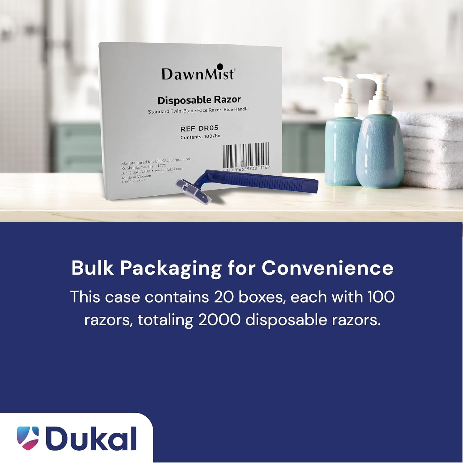 Dukal DawnMist Twin-Blade Disposable Razor, Blue Handle – Bulk Pack of 2000, Precision Shave for Smooth & Comfortable Grooming