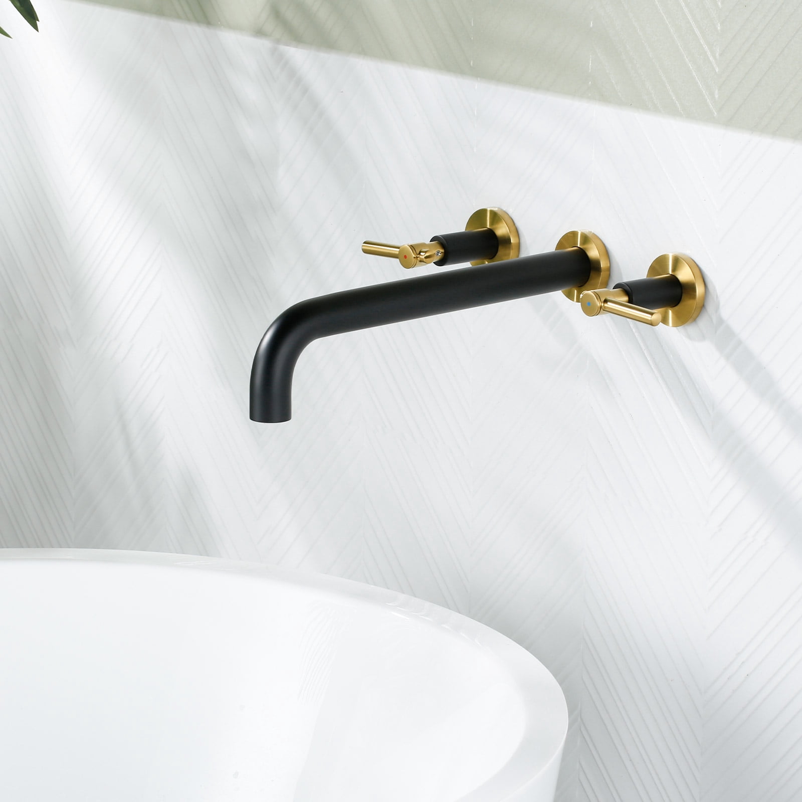 Wowow Cross Wall‑Mounted 2‑Handle Roman Tub Faucet with 12 in. Long Spout in Black and Gold, Brass Construction