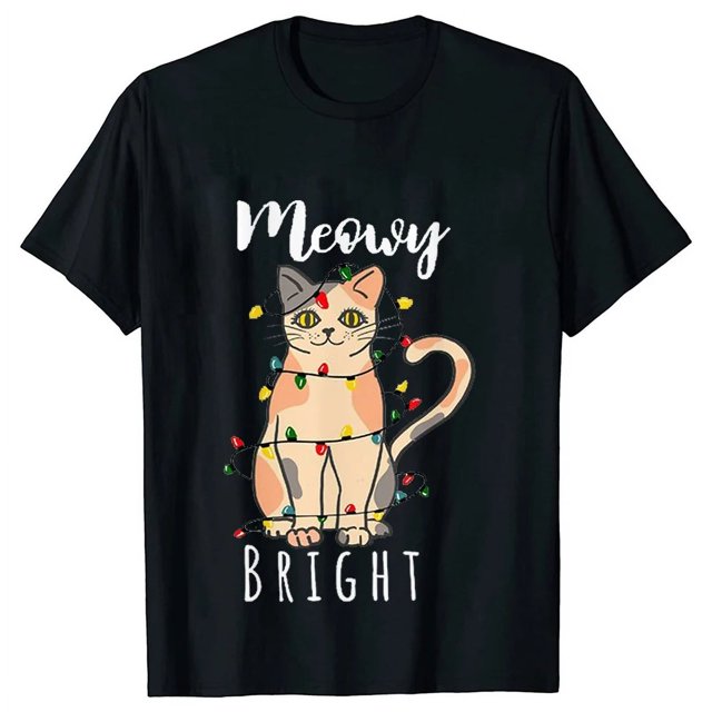 Camiseta con luces navideñas para mujer, camisetas con estampado gráfico de gato bonito, camisetas de manga corta, ropa de calle divertida, camiseta de marca, ropa femenina