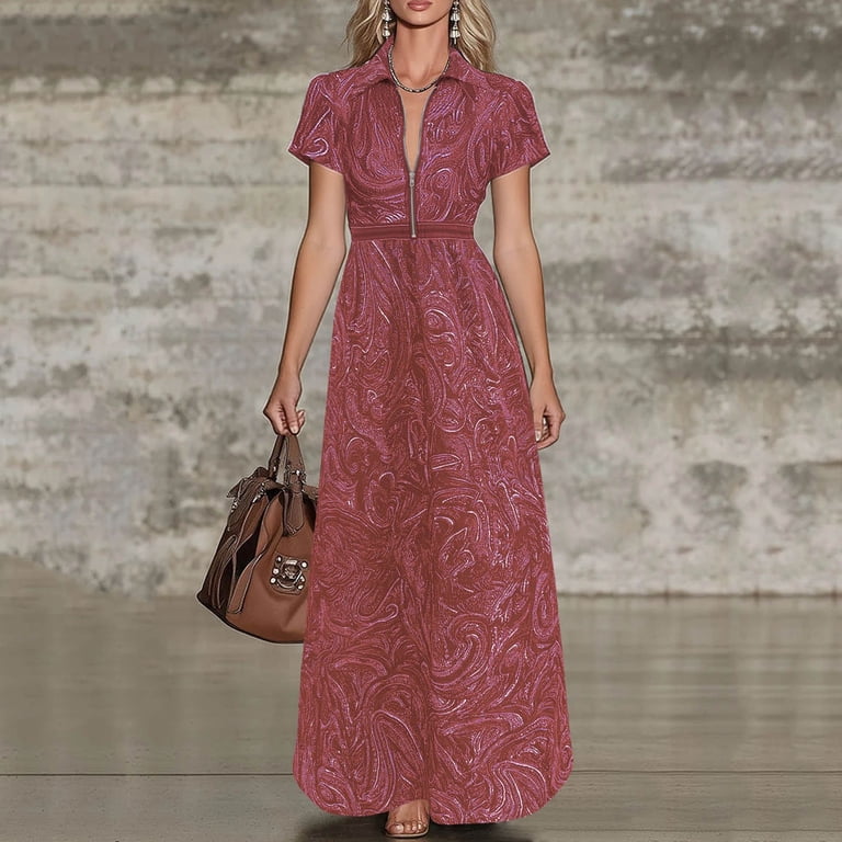 retro paisley dress Unique Vintage Plus Size Pink Maxi Side pockets add practicality Vintage Paisley Floral Long Sleeve