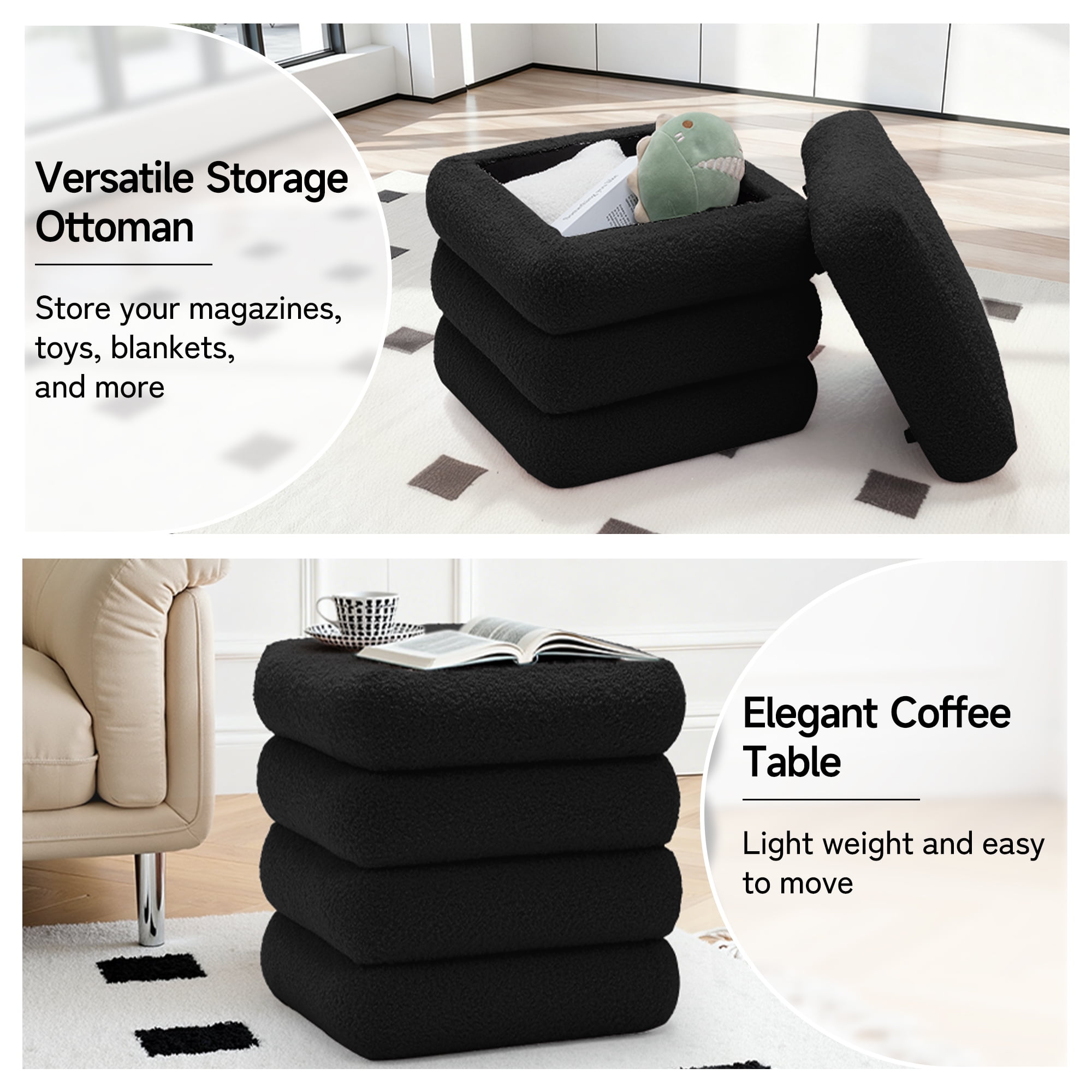 Korser Square Ottoman with Storage Set of 2,Upholstered Teddy Vanity Stool for Living Room,Bedroom,Black