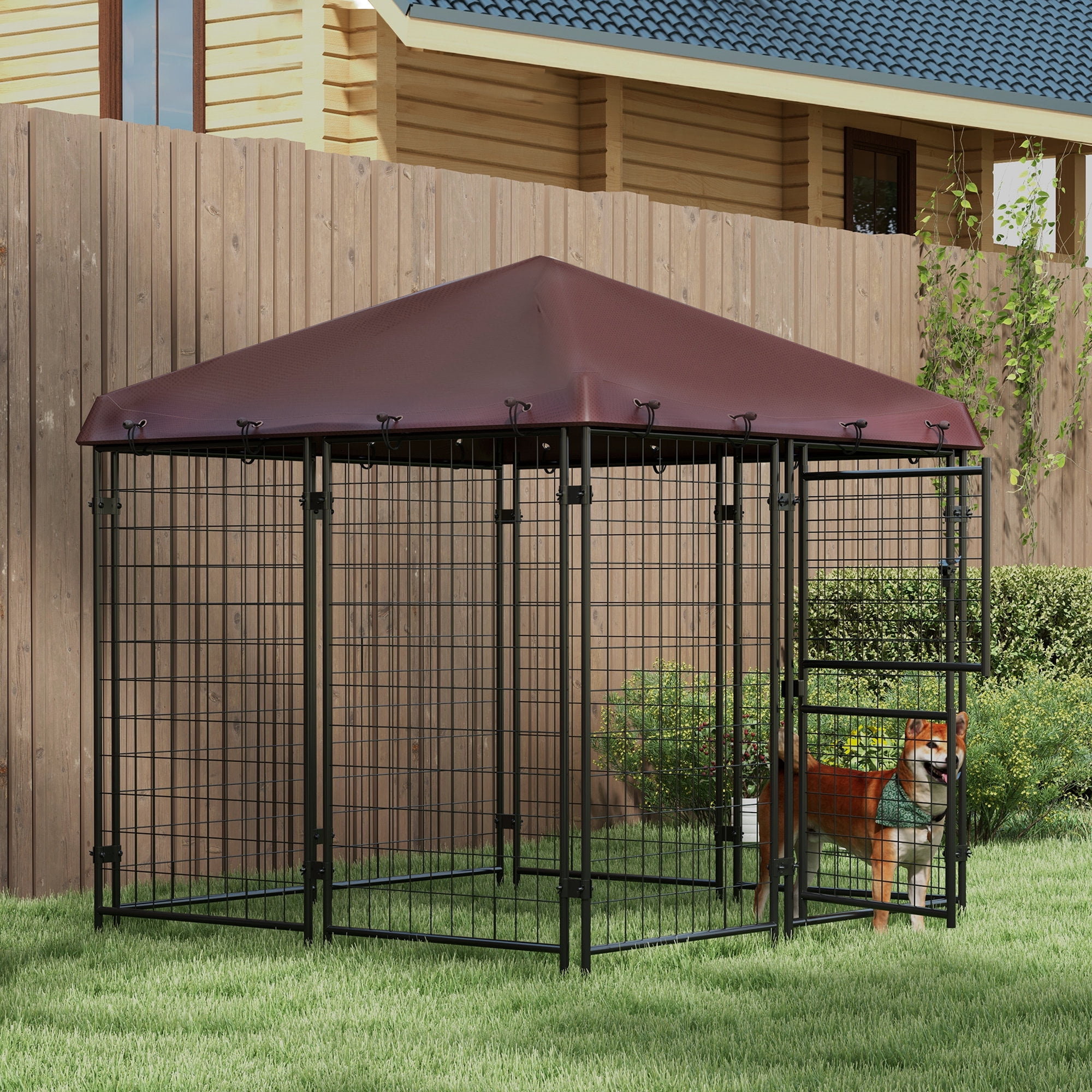 Luxvie Dog Kennel Outdoor with Waterproof Cover, Dog Playpen for Small and Medium-Sized Dogs with Two Part Door Design, Brown