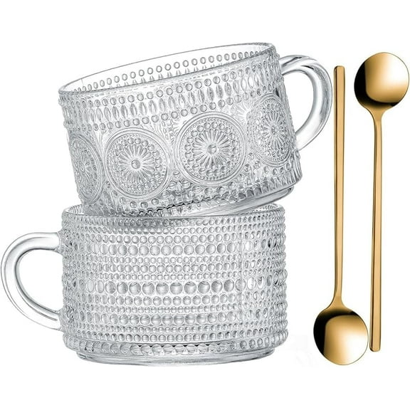 XUET Vintage Glass Coffee Mugs 14 Oz Set of 2 Clear Embossed Tea Cups, Glass Coffee Cups for Cappuccino, Latte, Cereal, Yogurt, Beverage Christmas Thanksgiving Gifts