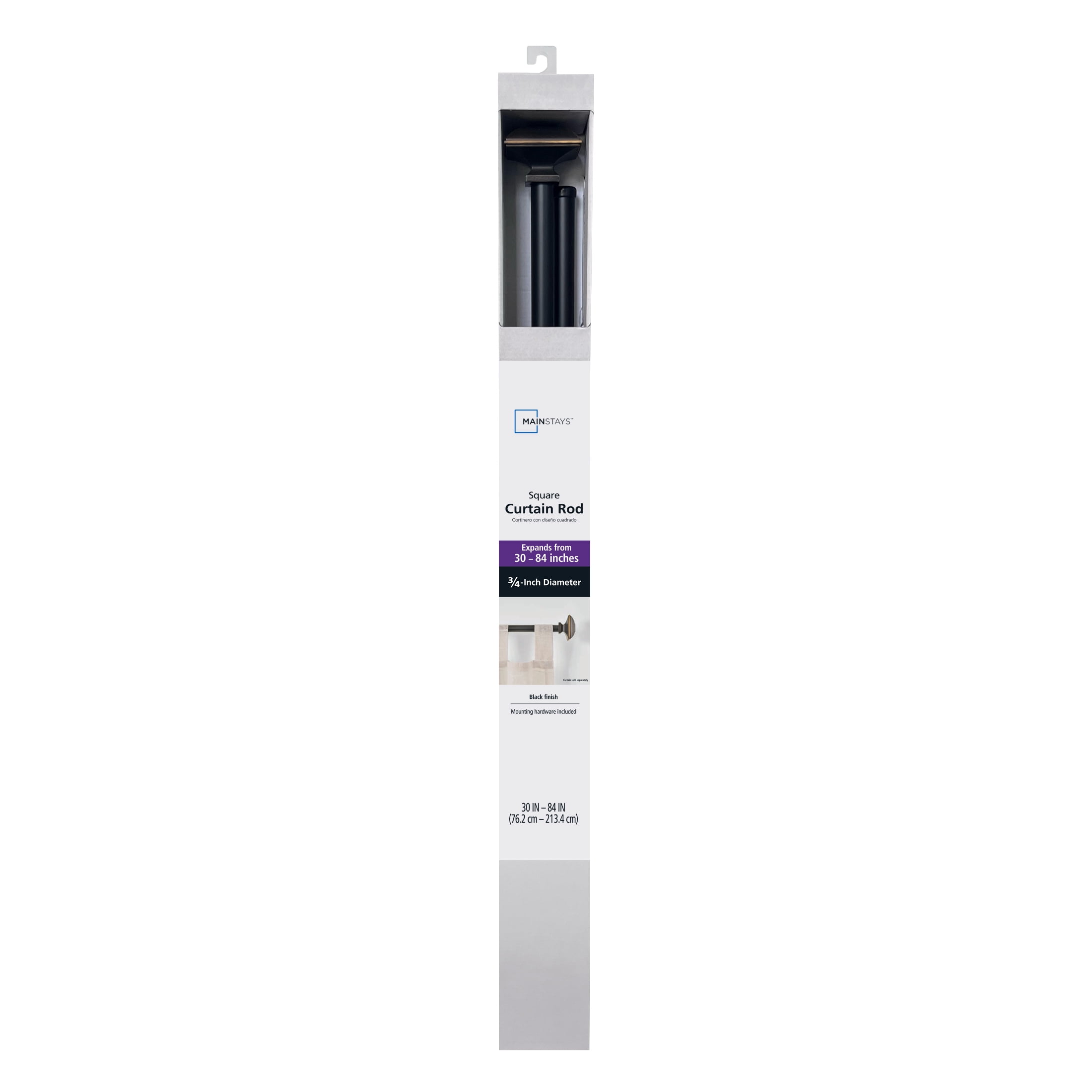 Mainstays 3/4" Square Adjustable Curtain Rod Set, 30-84", Black