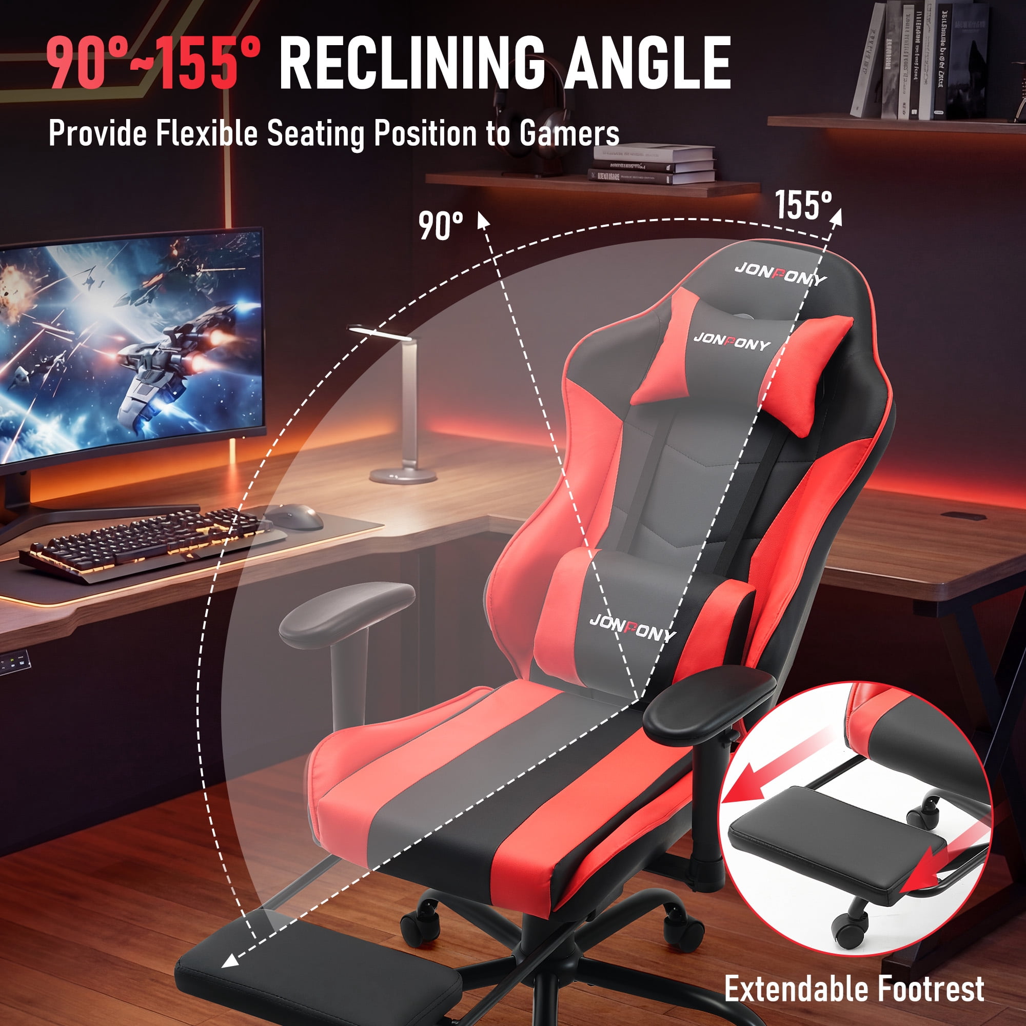 JONPONY Big and Tall 500LBS Gaming Chair with Footrest and Lumbar Support, High Back Ergonomic Recliner,Height Adjustable Leather Computer Desk Chair for Home Office, Red