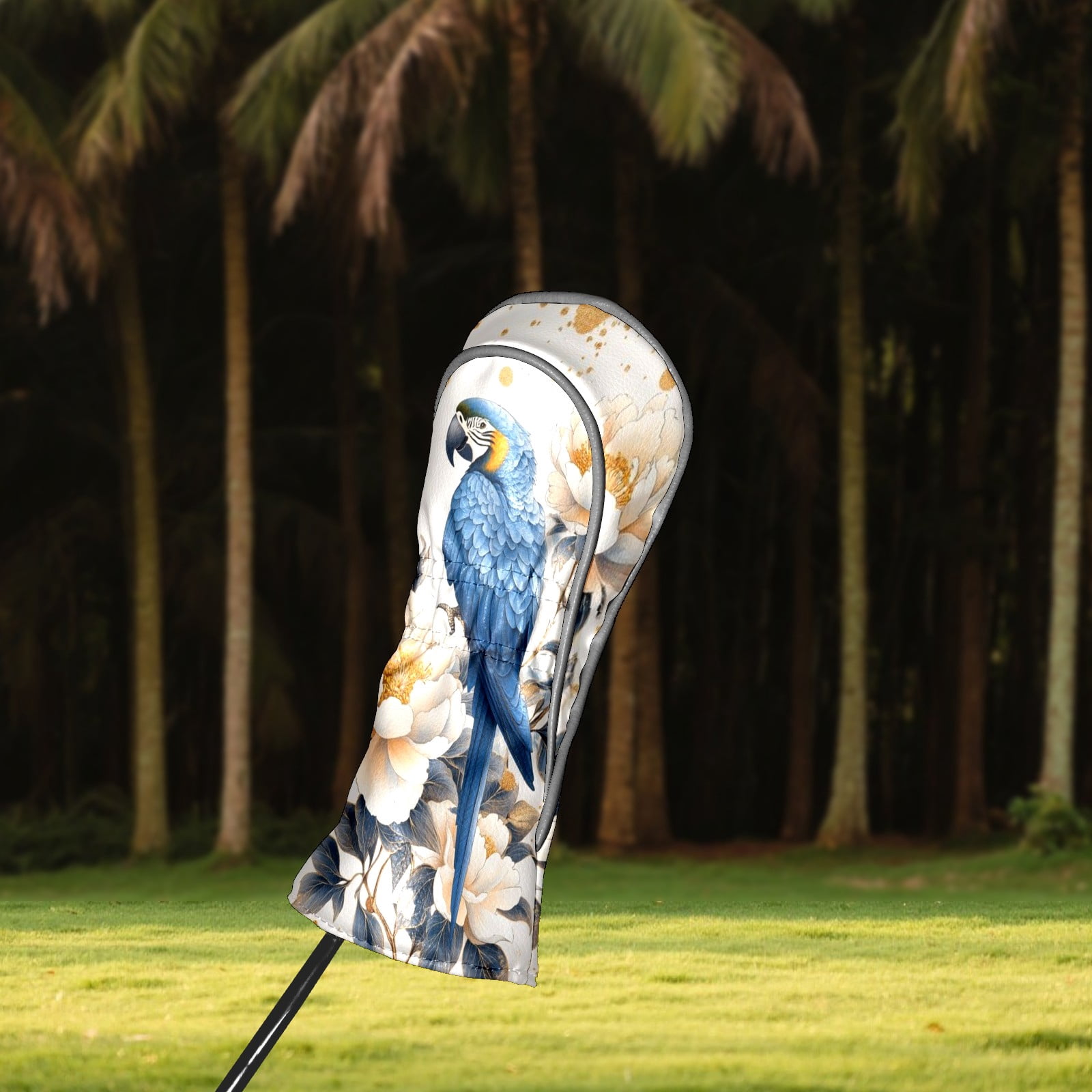 Golf Head Covers Blue Parrot Design for Driver, Wood & Hybrid, Premium Waterproof PU Leather with Plush Lining, Tropical Bird Golf Gifts