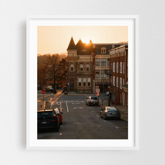 Downtown Bellefonte at Sunset 02 - Bellefonte Pennsylvania Photography Sunset Cityscape Architecture Street Photography Victorian Vintage White Framed Wall Art Print 11 x 14 inches