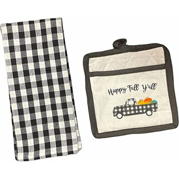 Set of 2, Kitchen Towel, Potholder Set Antique Truck with Pumpkin Sentiment Happy Fall Y'all Autumn / Fall / Halloween Design Kitchen Towel Set.