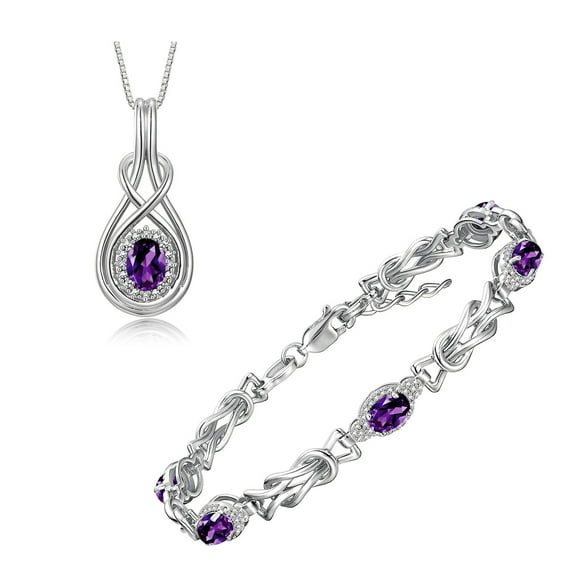 RYLOS Matching Jewelry Sterling Silver Love Knot Set: Tennis Bracelet & Pendant Necklace. Gemstone & Diamonds, 7"-8" Adjustable Wrist, 18" Chain. 9X7MM & 6X4MM Amethyst February Birthstone Jewelry