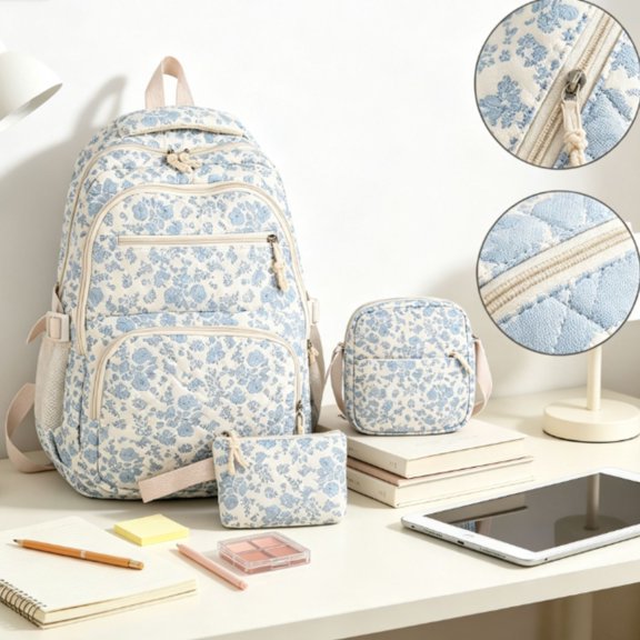 Coquette Floral Quilted School Backpack 3 In 1 Set, Kawaii Preppy Large Laptop Bookbag for Teen Women, Multi Pocket Lightweight Daily Travel Daypack,Blue
