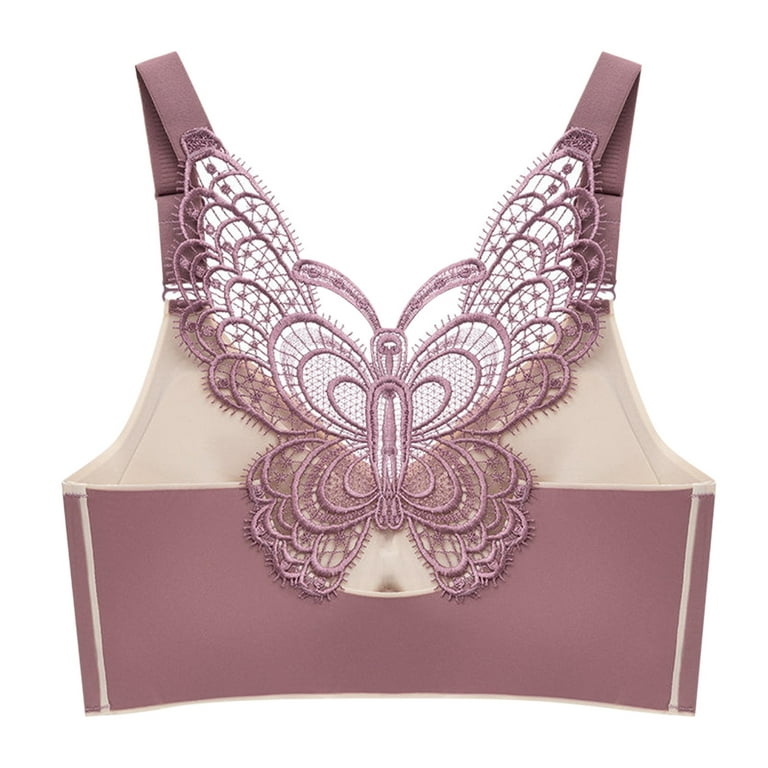 MRULIC sports bras for women Womens Large Size Butterfly Beauty Back Wrap  Latex No Steel Ring Ice Silk Sports Bra Gathering Underwear Purple + XXL 