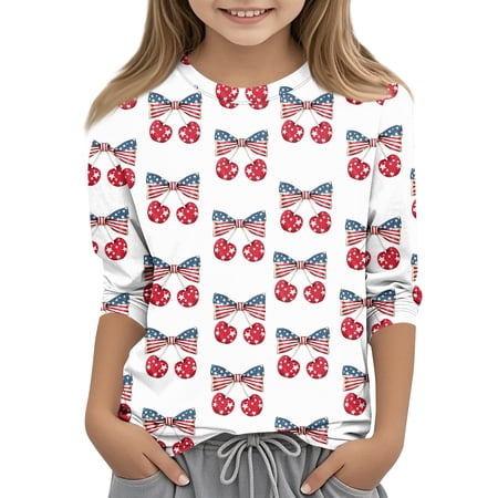 Abcomgle Independent Shirts for Toddler Girls 4th Of July Red White and Blue Bow Print Shirts Crewneck 3/4 Sleeve Shirts Casual Patriotic Shirts for Toddler Girls