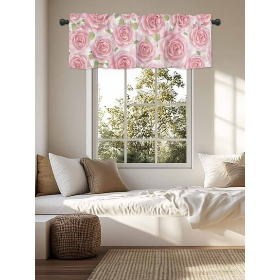 Kitchen Valances for Window, Farmhouse Pastoral Flower Leaf Light Filtering Rod Pocket Valance Curtain, Seamless Pink Rose Floral  Short Curtains Window Topper for Bedroom Living Room 54x18in