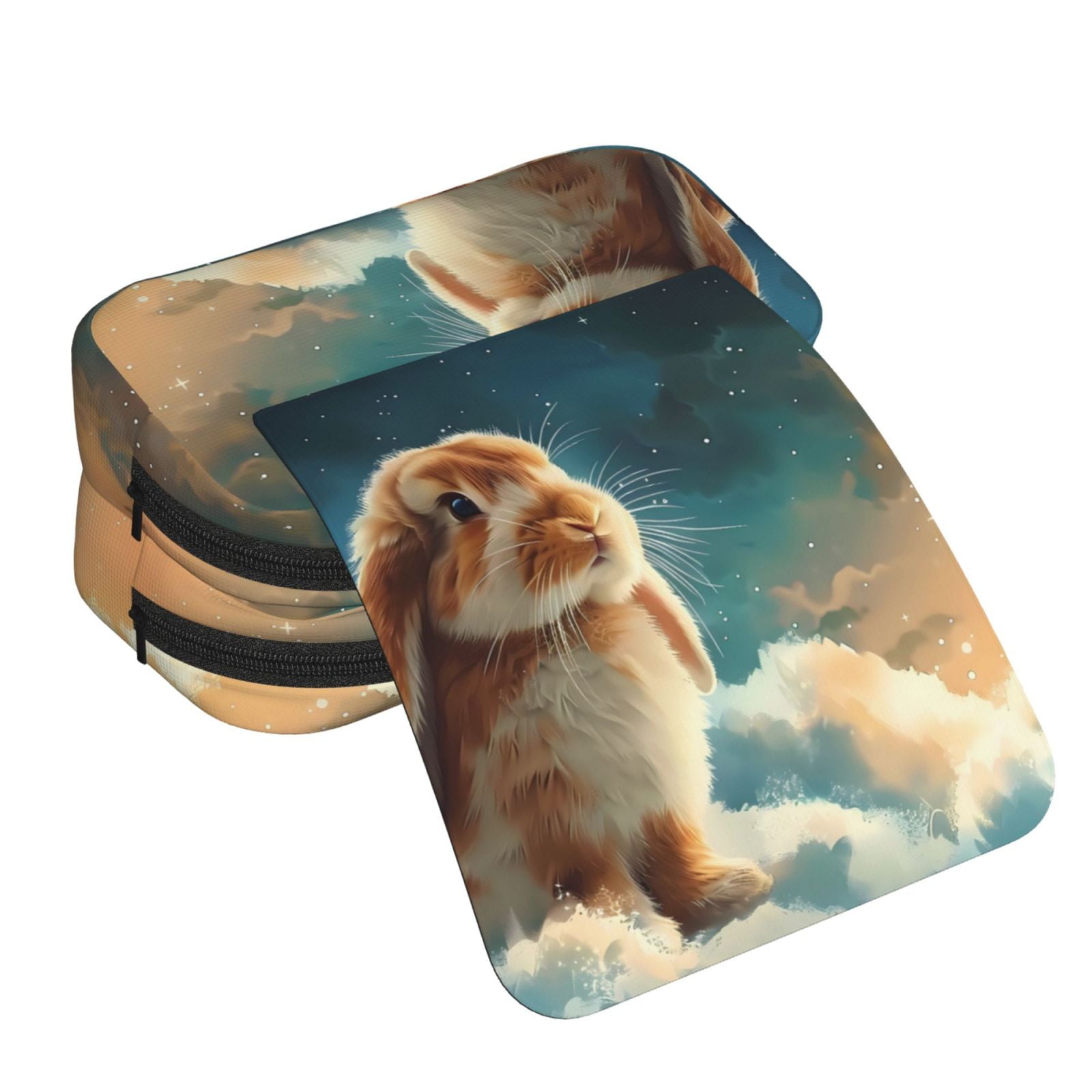 Rateoe Starry Sky Cloud Cute Rabbit Pattern Double Clamshell Pen Case, Storage Organizer with Two Zipper Compartments– Holds Up to 50 Pencils & Pens
