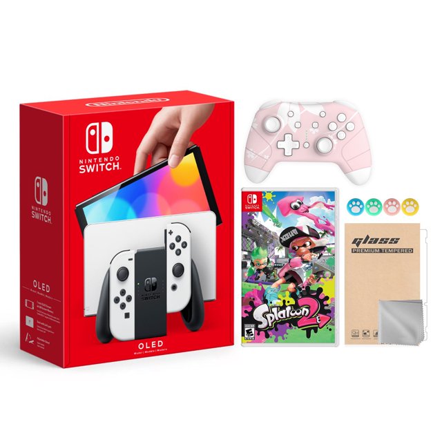 Nintendo Switch OLED Model White Joy Con 64GB Console Improved HD Screen & LAN-Port Dock with Splatoon 2 And Mytrix Wireless Switch Pro Controller and Accessories 2021 New