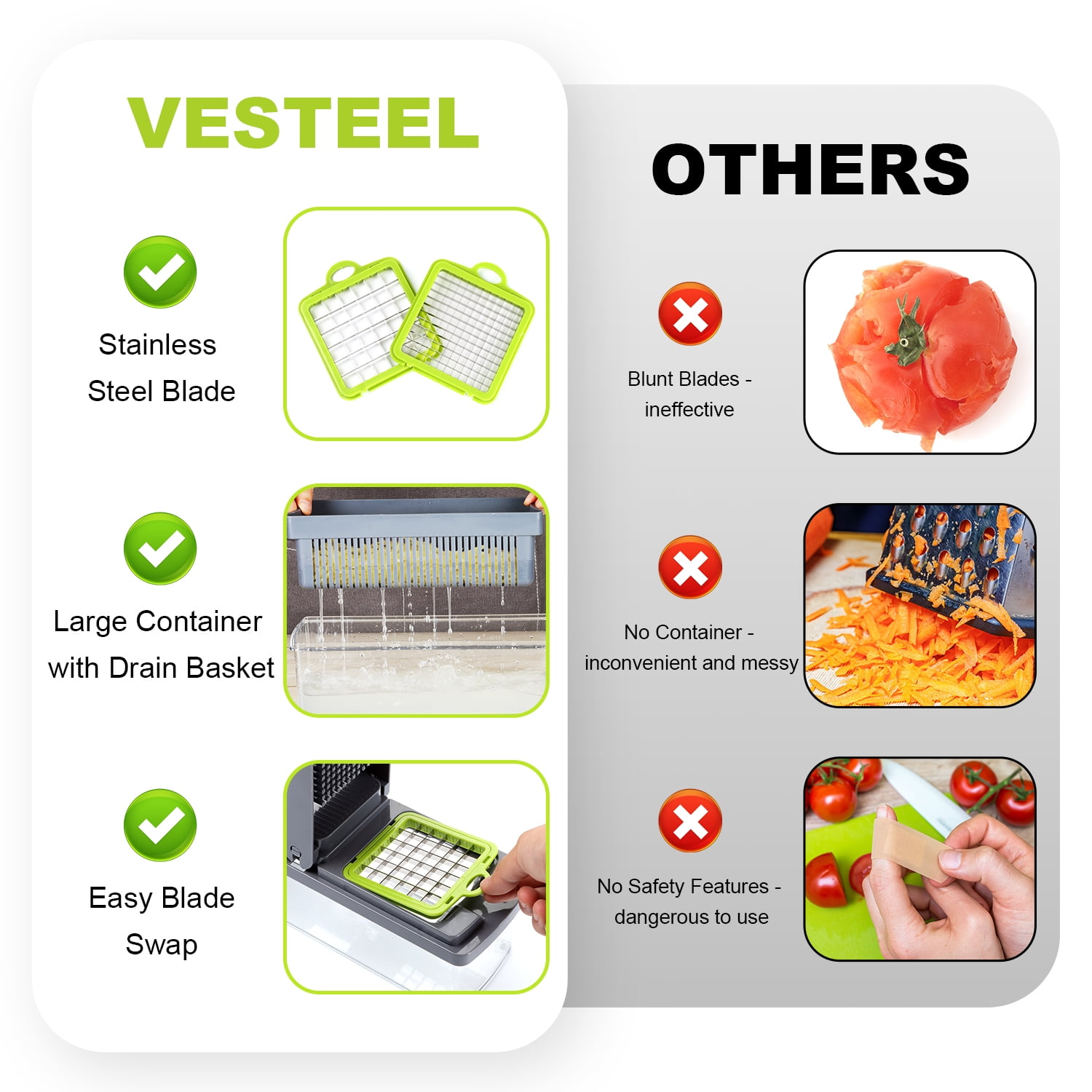 Vesteel 14 in 1 Vegetable Chopper, Multifunctional Food Chopper Vegetable Fruit Cutter Dicer Slicer with 8 Blades, Onion Chopper with Container & Drain Basket