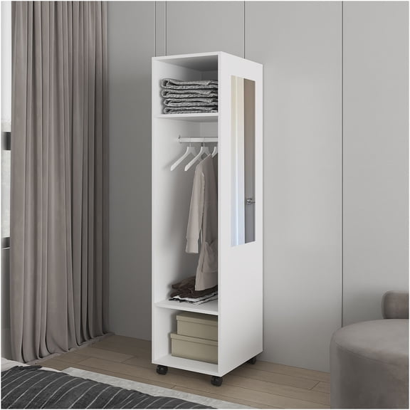 JERFIT White Freestanding Wardrobe Closet with Mirror and Hanging Rod, Compact Storage Cabinet for Bedroom