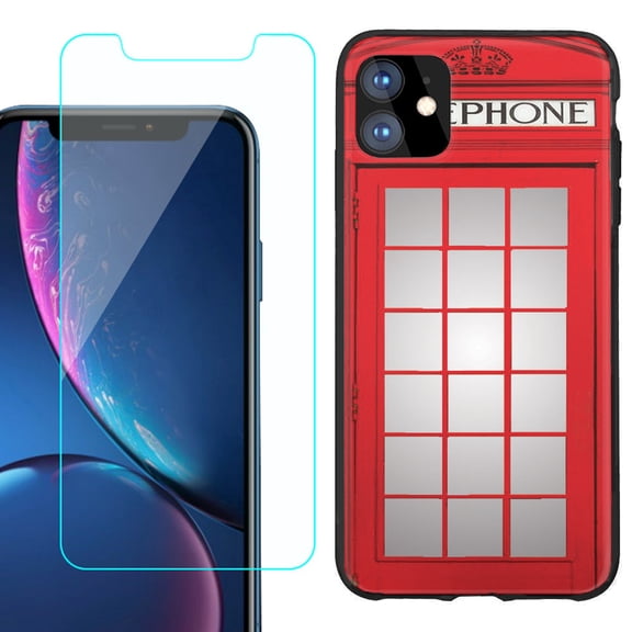 For Apple iPhone 11 Phone Case , Slim-Fit TPU Protective Case (Black), with Tempered Glass Screen Protector, by OneToughShield ® - Phone Booth Red