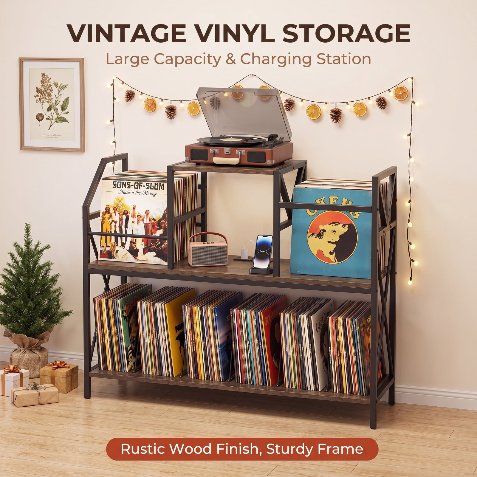 Furnibear Record Player Stand with Power Outlets Vinyl Storage and Album Dividers for Turntables Speakers and Living Room Audio, Rustic Brown