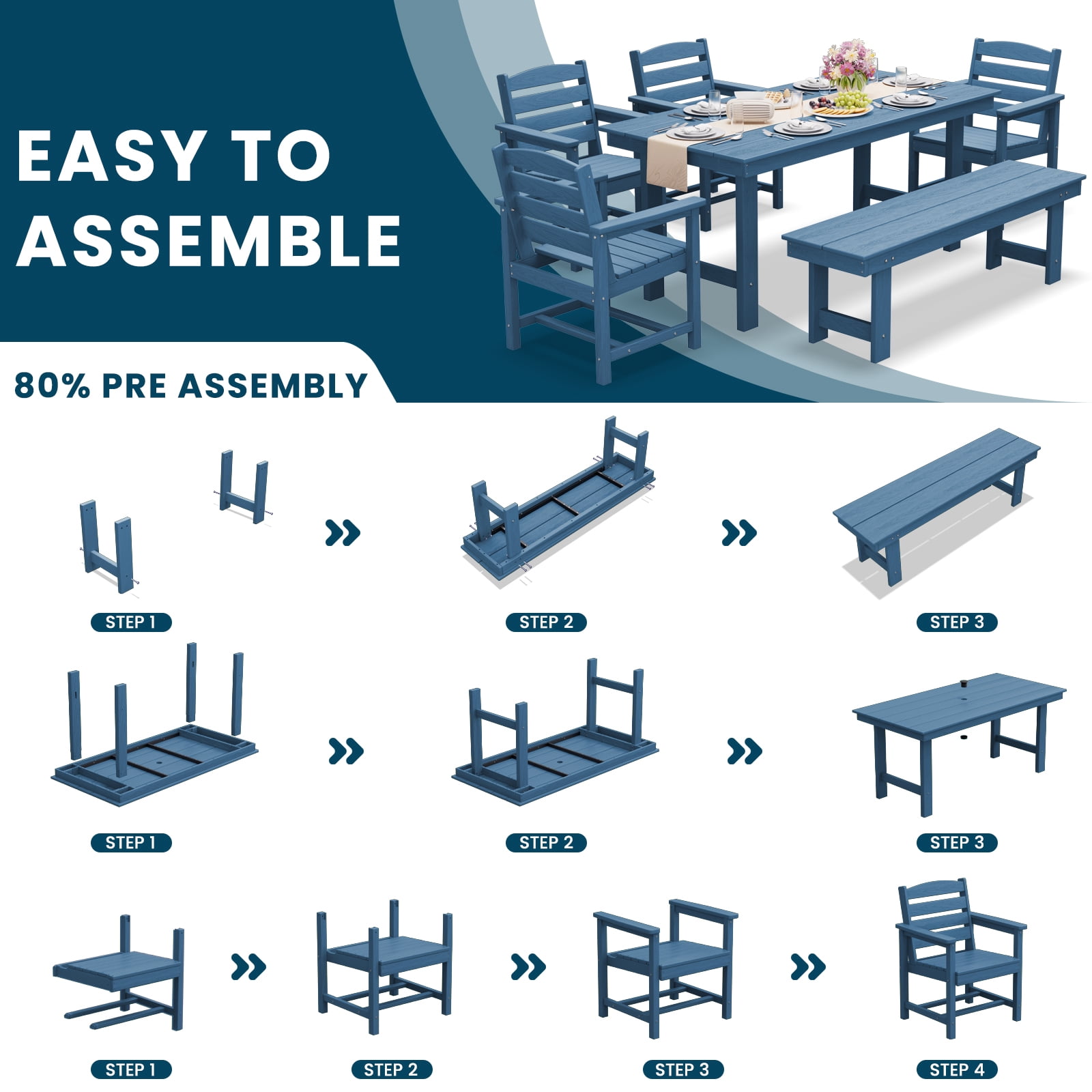 LOYALICE 6 Pieces Patio Furniture Set, HDPE Outdoor Dining Table Set with 1 Bench, 4 Chairs, Durable and Weather-Resistant for Patio, Garden and Balcony Use, Navy Blue