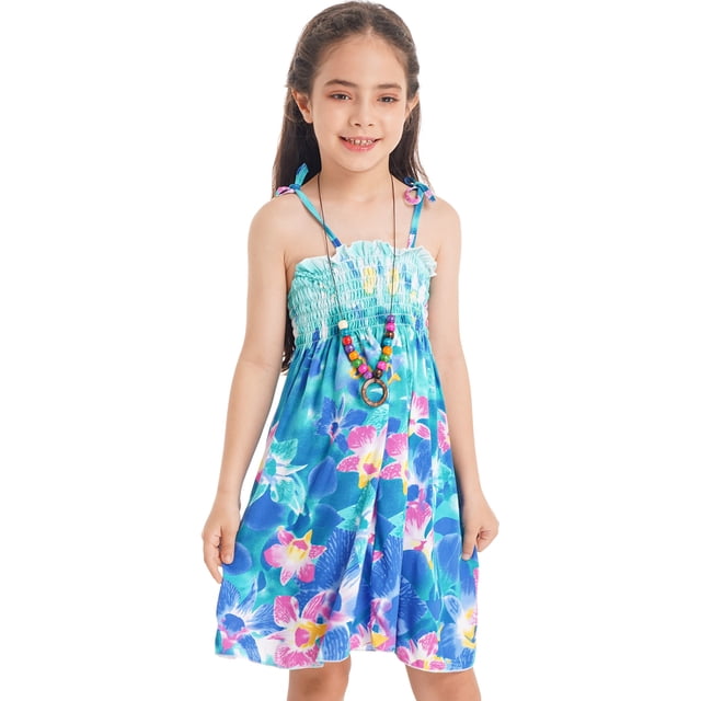 Runhomal Robe d'Été Sans Manches pour Filles, Robe Décontractée à Fleurs, Bretelles Spaghetti, Robe Tournante, Robe de Plage, Robe de Fête Bleue 160