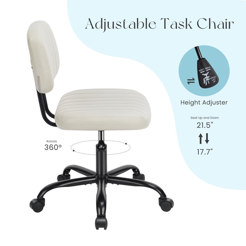 Desk Chair, Armless Activity Chair with Wheels, Comfy Low Back Swivel Task Chair, White