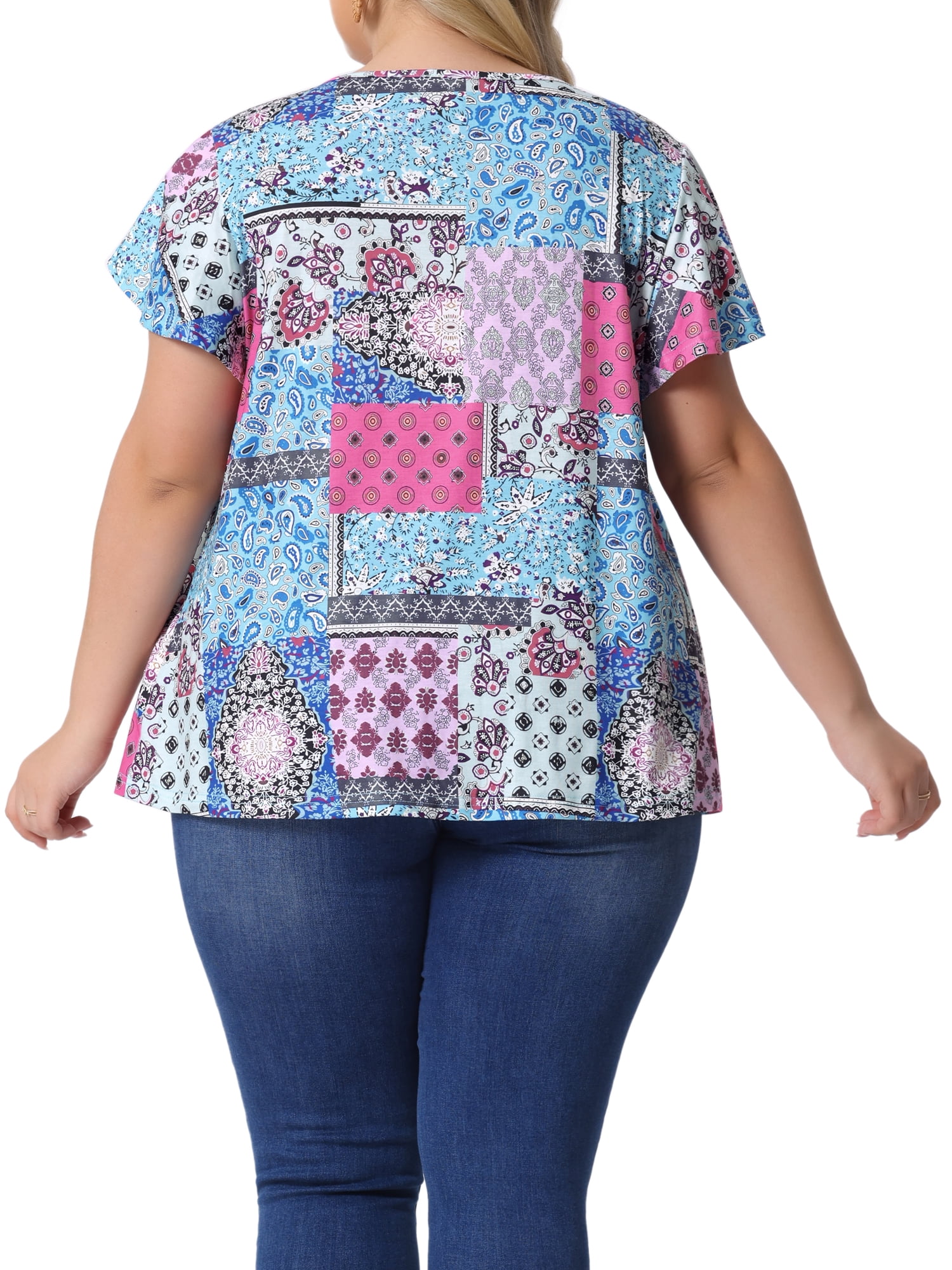 DARING DIVA Women's Plus Ruffle Boho Floral T Shirt 1X Blue Pink Block