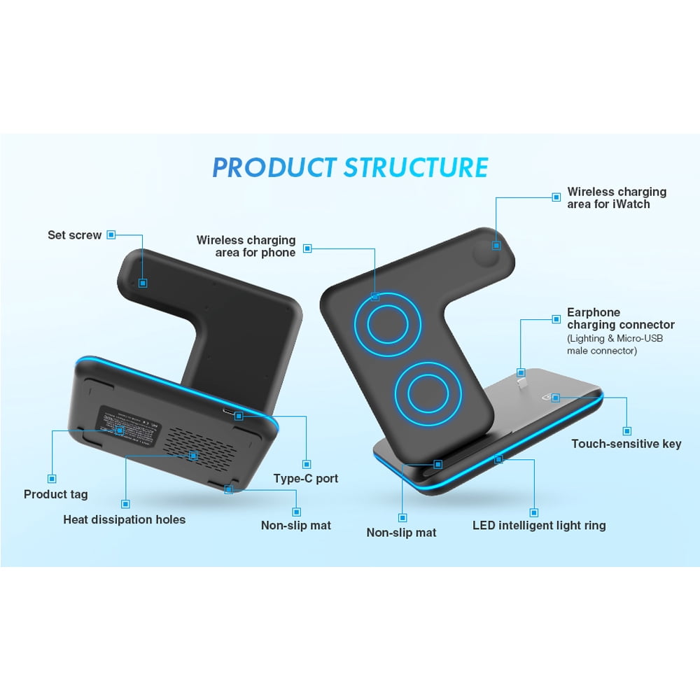 Wireless Charger 3 in 1 Charging Station for Apple: Wireless Phone Stand for iPhone 15/14/13/12/11/Pro/Max/XS/XR/X/8/Plus-Fast Charger Stand for Apple Watch S9-S2 and AirPods,Black