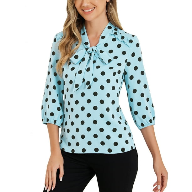 Blusa de cuello con lazo y puños elásticos impresos para mujeres INSPIRE CHIC XS azul cielo