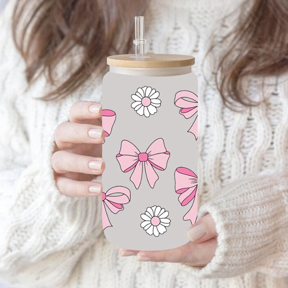 AFRITEE UV DTF Cup Wraps - 8 Sheets Cute Cherry Pink Bow Transfer Stickers For 16oz Glass Water Bottles