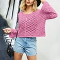 thumbnail image 2 of Yyeselk Women's Cropped Crochet Sweaters Crew Neck Sexy Hollow Out Solid Color Relaxed Fit Long Sleeve Knitted Lightweight Slouchy Jumper Tops Hot Pink S, 2 of 4