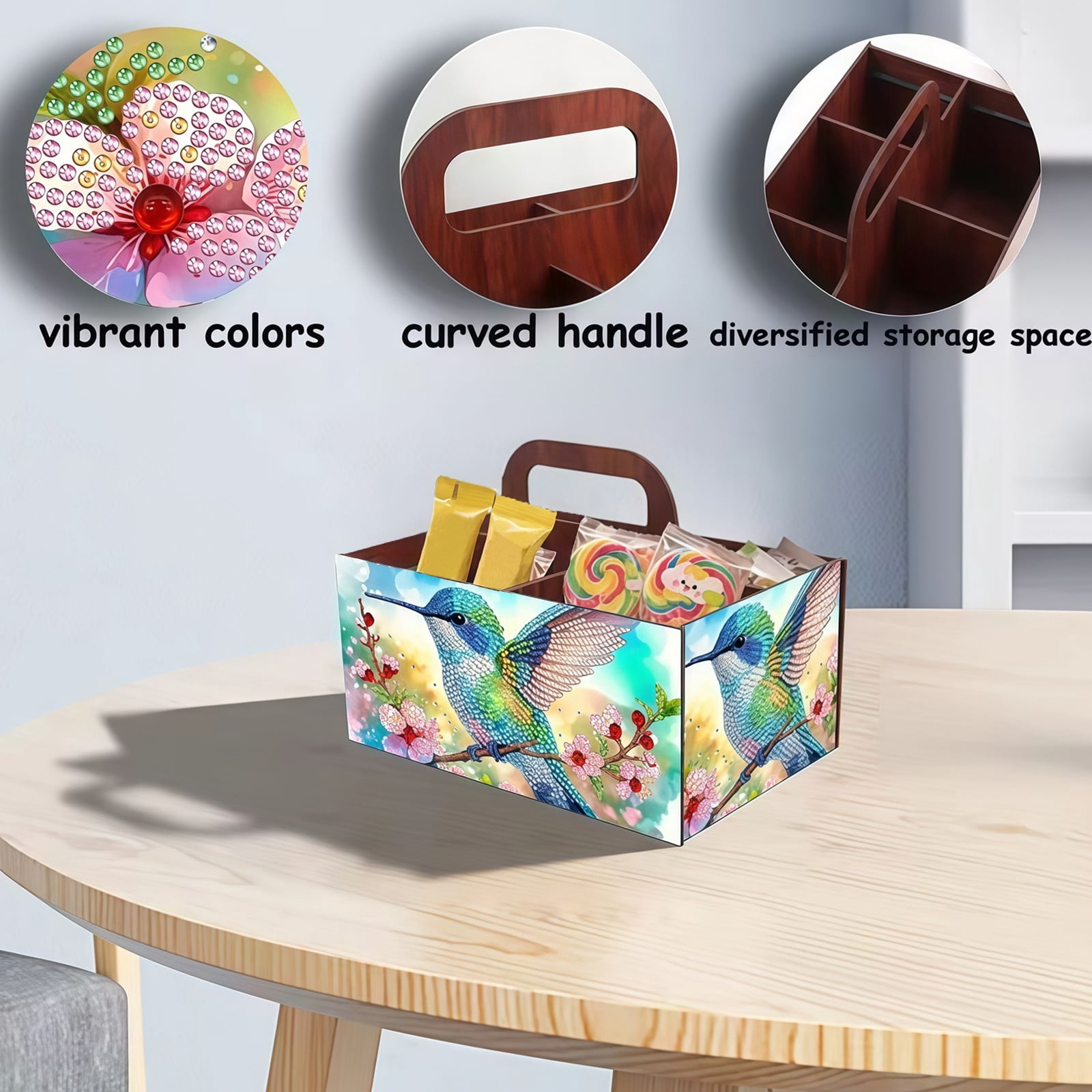FLOPESN DIY Hummingbird Diamond Art Painting 5 compartments Wooden Storage Box, 9.44*8.14in, Practical Rectangular Assembly Portable Multi-Grid Box