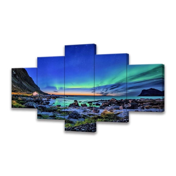 Aurora Borealis Canvas Wall Art for Bedroom 5 Pieces Green Northern Lights Scenery Art Pictures Landscape Painting Print Framed for Home Decor Office Artwork (60Wx32H)