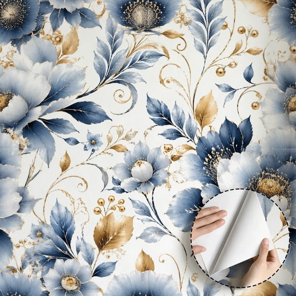 Blue Floral Wallpaper Vintage Modern Peel and Stick Wallpaper Waterproof Wall Decoration for Living Room Bedroom Kitchen Cabinet Rental Property Home Decor 17.7 * 78.5 in Contact Paper