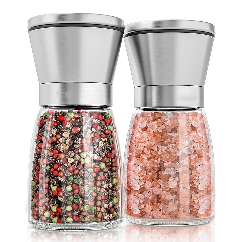 Tall Glass Salt and Pepper Shakers Premium Stainless Steel Salt and Pepper Grinder Set of 2 Pepper Mill & Salt Mill with Free Funnel & EBook Adjustable Ceramic Sea Salt Grinder & Pepper Grinder