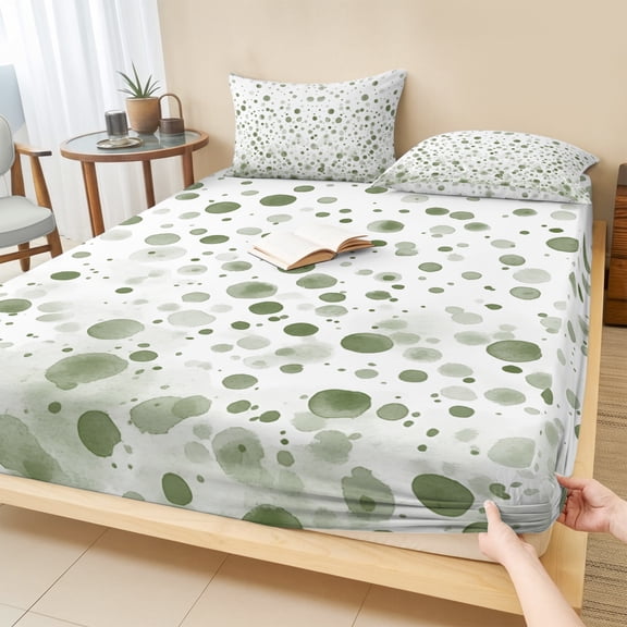 Cal.King Size Fitted Sheet Set - Sage Green Polka Dot 3 Piece Bedding Sets 16" Deep Pocket Fitted Sheet with 2 Pillowcases, Modern Art Abstract Watercolor Dot Brushed Microfiber Hotel Bed Sheets